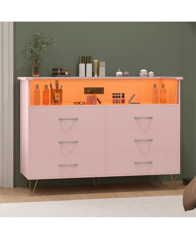 homfan 6-Drawer Dresser for Bedroom with Led Lights and Built-In Outlets, Engineered Wood and Metal Frame