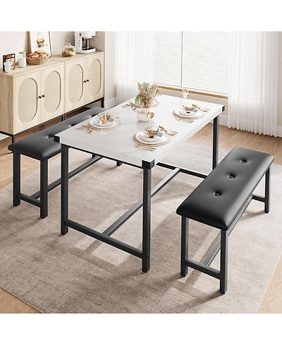 homfan 4 Person Dining Table Set with 2 Upholstered Benches Rectangular Kitchen Table for Small Apartments, Modern Dining Bench Set for 4