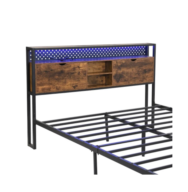 Lucky One Queen Size Platform Bed Frame with Led Lights and Usb Outlets, Storage Drawers, Headboard Compartments, No Box Spring Needed