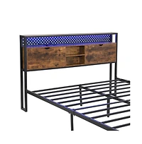 Lucky One Queen Size Platform Bed Frame with Led Lights and Usb Outlets, Storage Drawers, Headboard Compartments, No Box Spring Needed