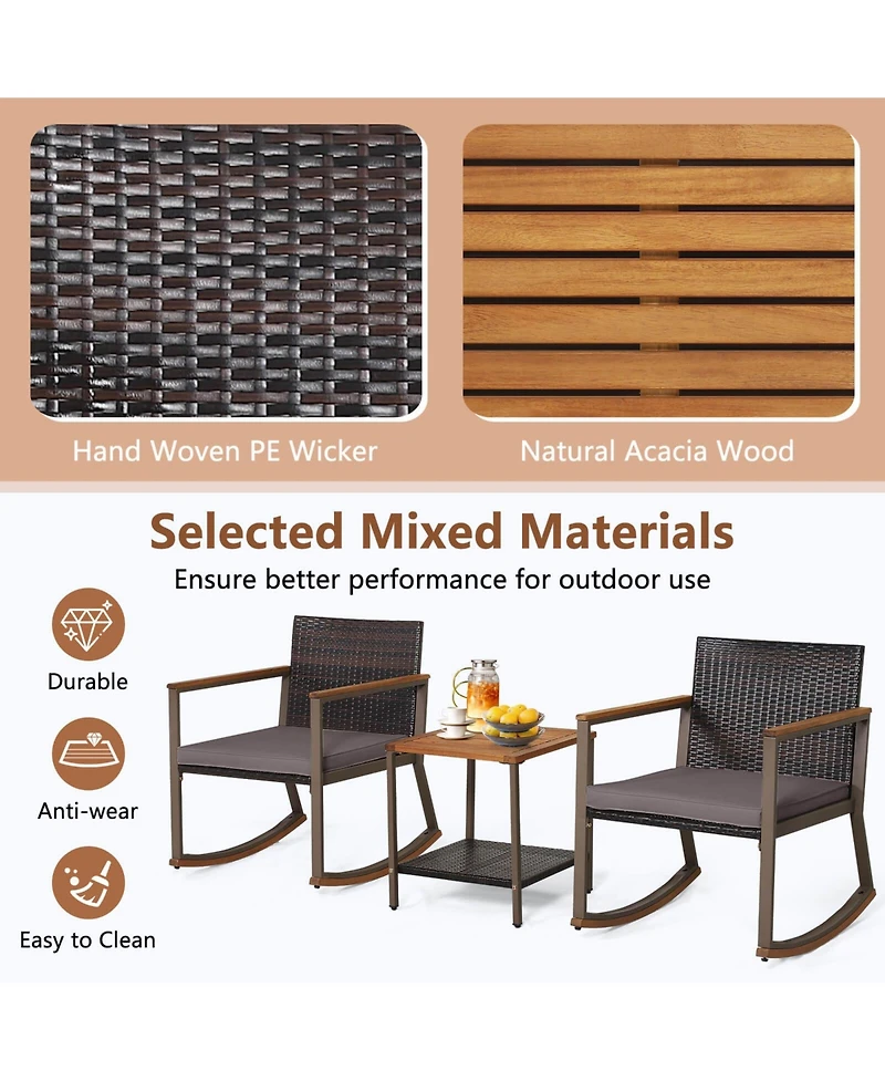 Gymax 3Pieces Rattan Rocking Chair Bistro Set Armrest Cushion Table W/ Storage Shelf Patio