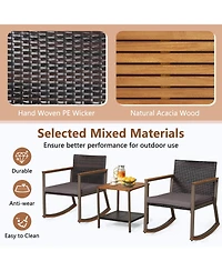 Gymax 3Pieces Rattan Rocking Chair Bistro Set Armrest Cushion Table W/ Storage Shelf Patio