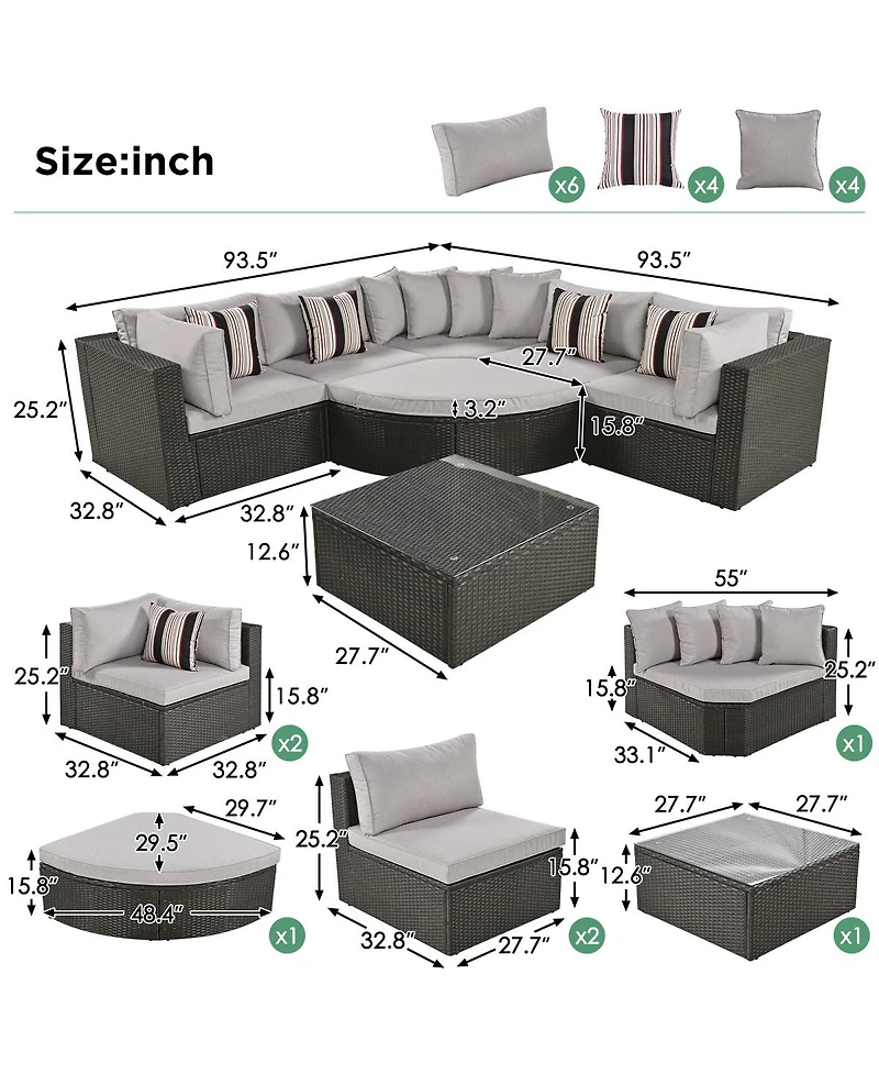 Asagikoiai 7-Piece Outdoor Wicker Patio Sectional Sofa Set with Cushions and Colorful Pillows
