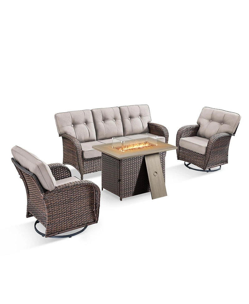 Pocassy Patio Wicker Furniture Set with Fire Pit Table, 4Pieces Pe Rattan Conversation Outdoor Table