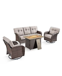 Pocassy Patio Wicker Furniture Set with Fire Pit Table, 4Pieces Pe Rattan Conversation Outdoor Table