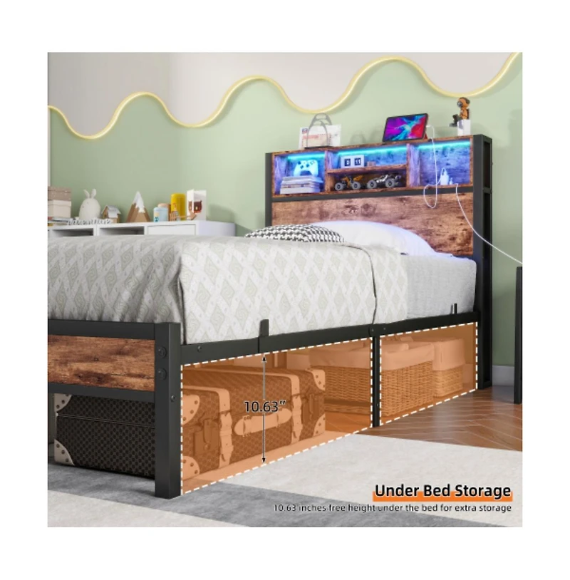 Lucky One Twin Size Bed Frame with Storage Headboard, Usb Charging Station, Bookcase, Rgb Led Lights, Metal Slats, No Box Spring