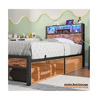 Lucky One Twin Size Bed Frame with Storage Headboard, Usb Charging Station, Bookcase, Rgb Led Lights, Metal Slats, No Box Spring