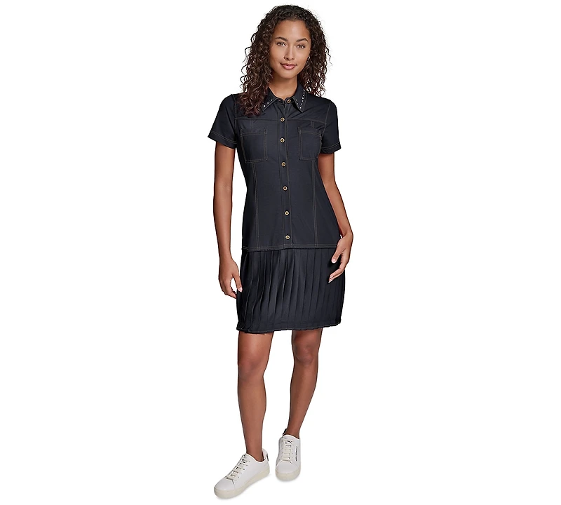 Karl Lagerfeld Paris Women's Belted Collared Jersey Shirt Dress