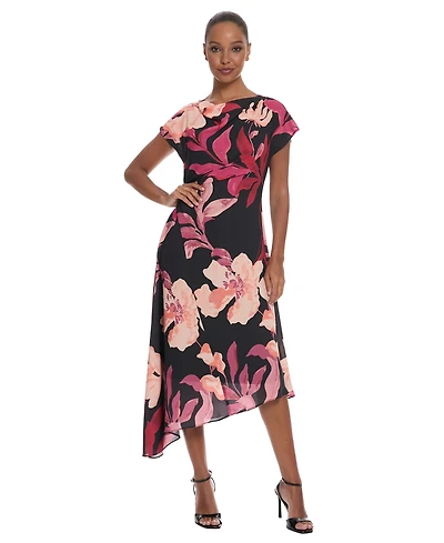 Maggy London Women's Asymmetrical Floral Midi Dress