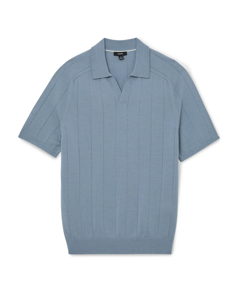 Reiss Men's Chelmsford Open Collar Wide Rib Merino Wool Jumper Polo Shirt
