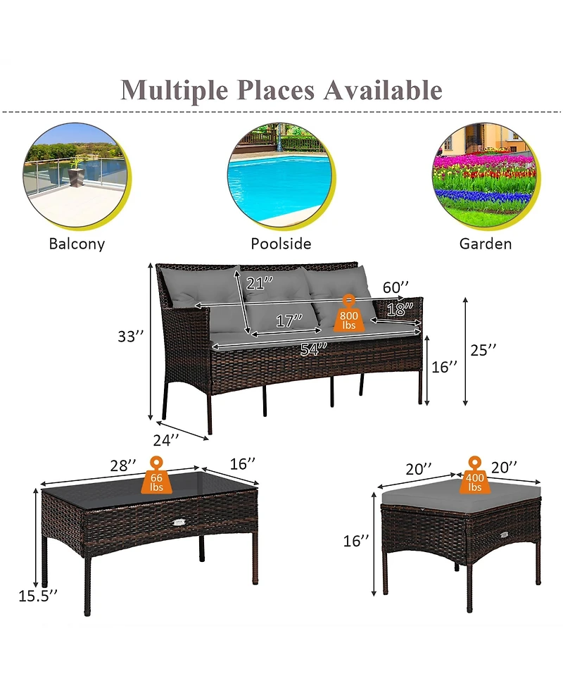 Costway 3PCS Patio Rattan Furniture Set 3-Seat Sofa Cushioned Table Garden