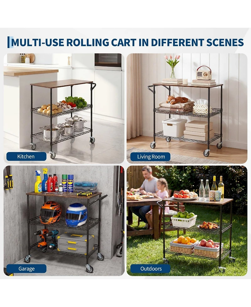 gaomon 35" Rolling Kitchen Cart with Wood Top, 3 Tier Metal Shelf Serving on Wheels 10 Hooks and Lockable Casters, Utility