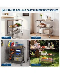 gaomon 35" Rolling Kitchen Cart with Wood Top, 3 Tier Metal Shelf Serving on Wheels 10 Hooks and Lockable Casters, Utility