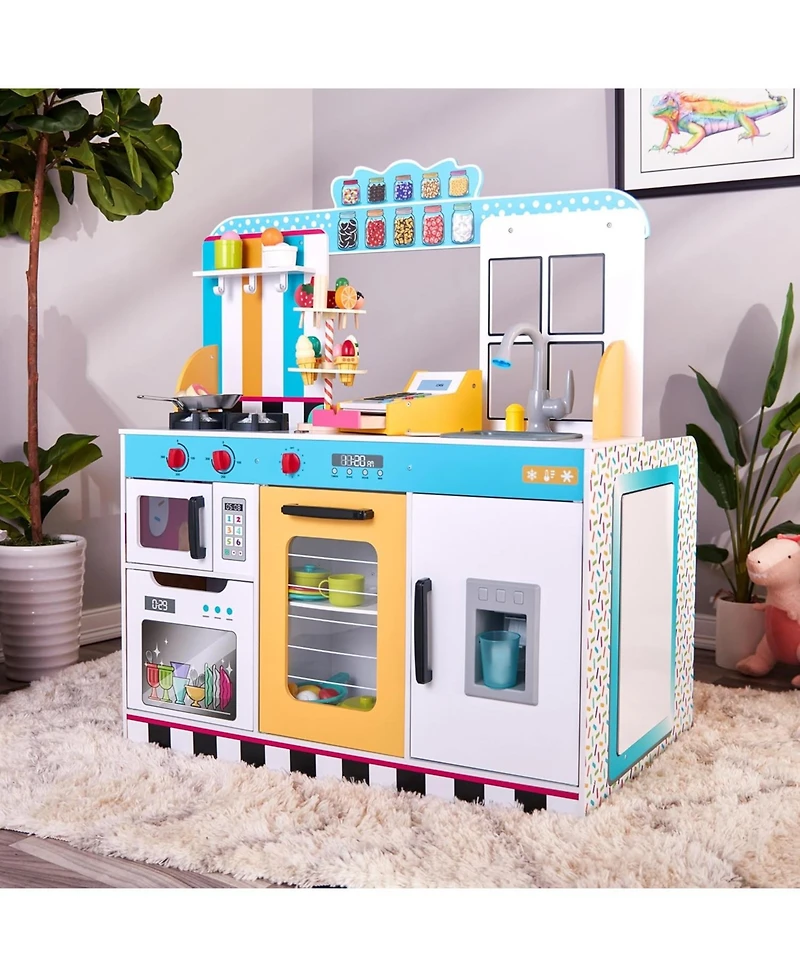 Lil' Jumbl Double-Sided Ice Cream Parlor Pretend Play Set, Wooden Diner Set with Cash Register and More