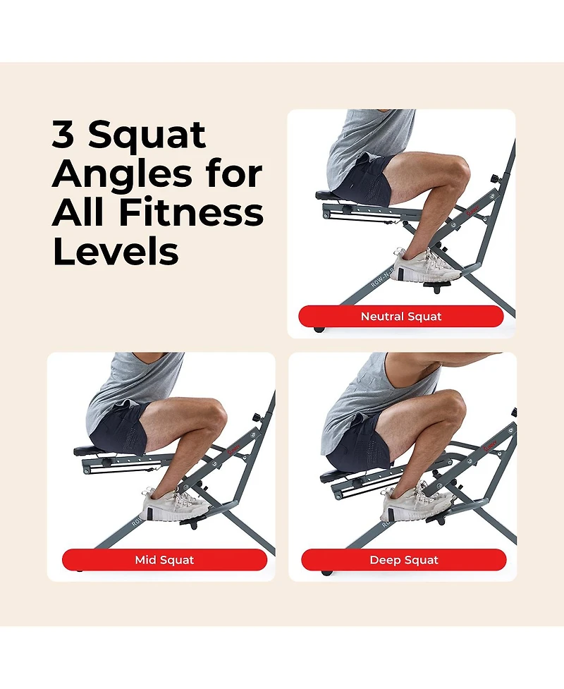 Sunny Health & Fitness Row-n-Ride Squat Machine with Adjustable Resistance and Seating/Handle for Glutes Training, SunnyFit App & 300LB Capacity