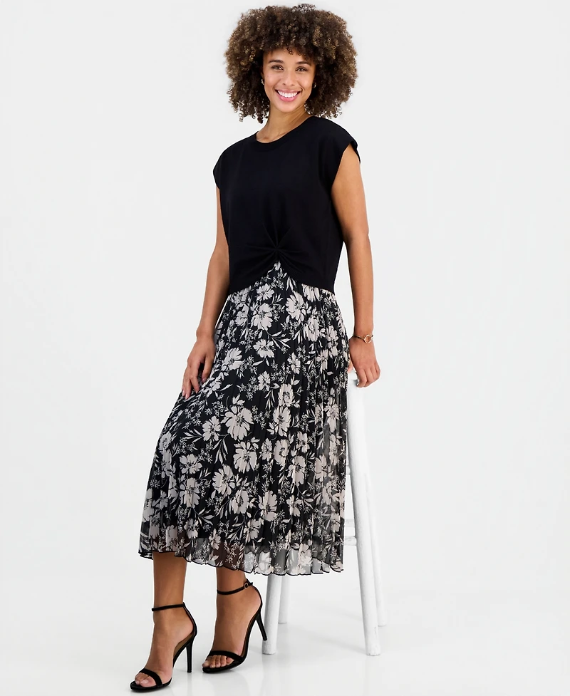 Robbie Bee Women's Floral-Print Pleated A-Line Midi Dress
