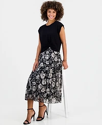 Robbie Bee Women's Floral-Print Pleated A-Line Midi Dress