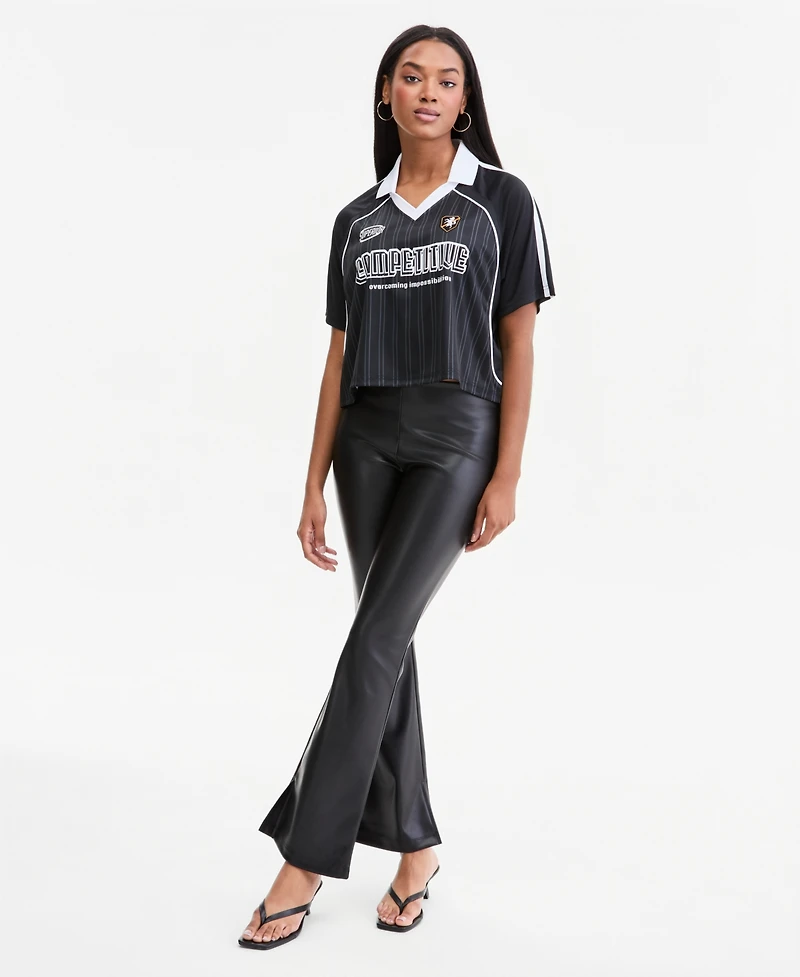Bar Iii Women's Collared Competitive Graphic Striped Crop Jersey, Macy's Exclusive