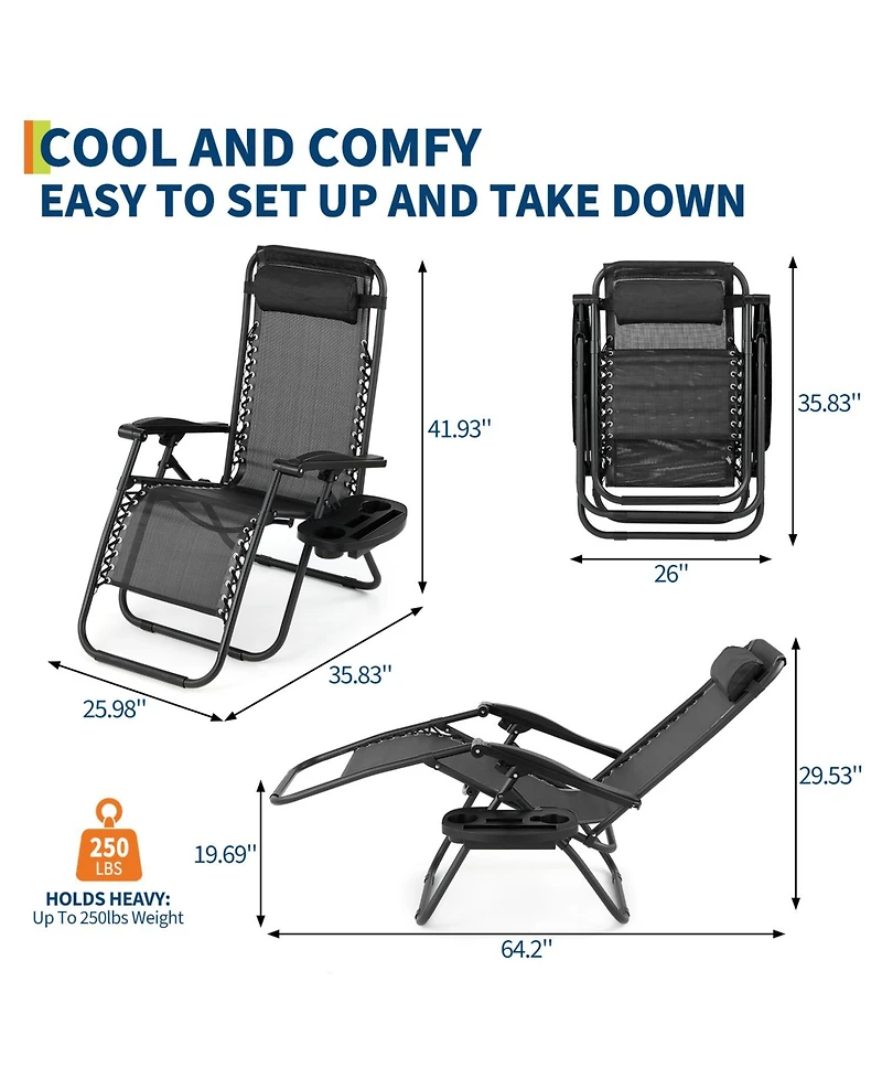 homfan 2 Piece 42-Inch Lounge Chairs with Cup Holder. Metal Frame Outdoor Recliner Set for Patio Garden. Textilene Fabric