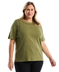 Rafaella Plus Pom Trim Detail Short-Sleeve Top