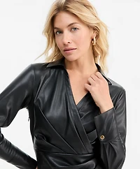 I.n.c. Women's Long-Sleeve Faux Leather V-Neck Dress, Macy's Exclusive