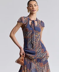 Avec Les Filles Women's Scoop Neck Tie Detail Godet Maxi Dress