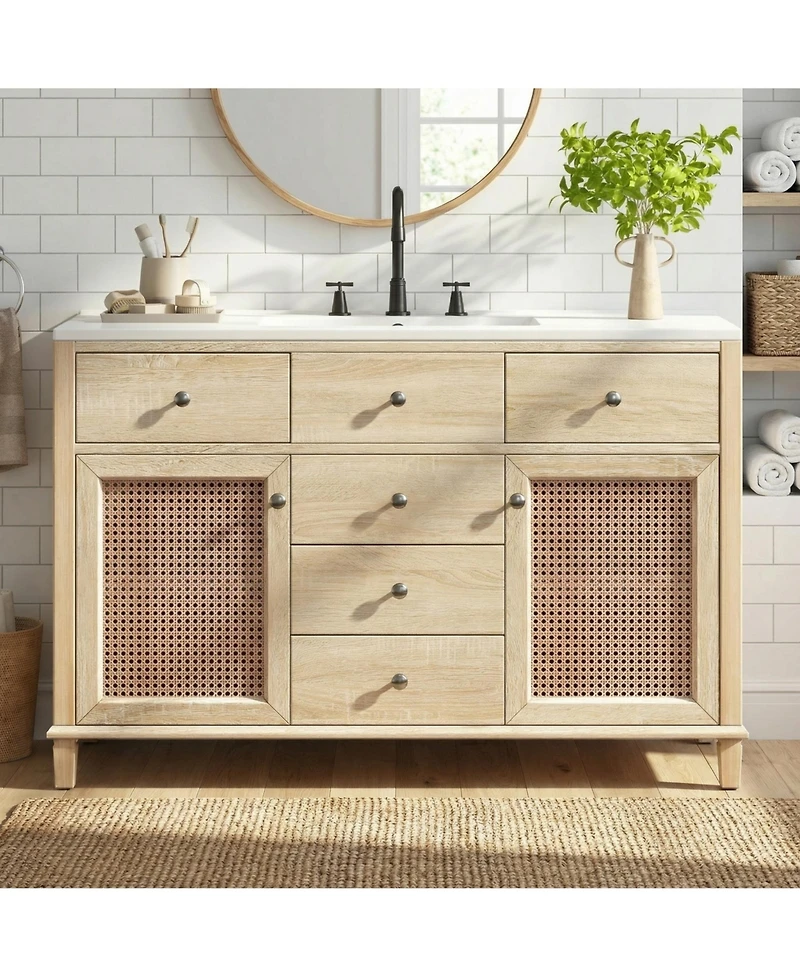 Phying 48 Inch Natural Rattan Bathroom Vanity Solid Wood Frame Bathroom Storage Cabinet with 5 Drawers 2 Rattan Cabinet Doors and Premium Ceramic Sink