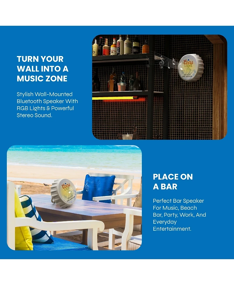 Coors Light Bluetooth Bottle Cap Speaker with Led Lights, Fm Radio, Kickstand, and Wall Mount