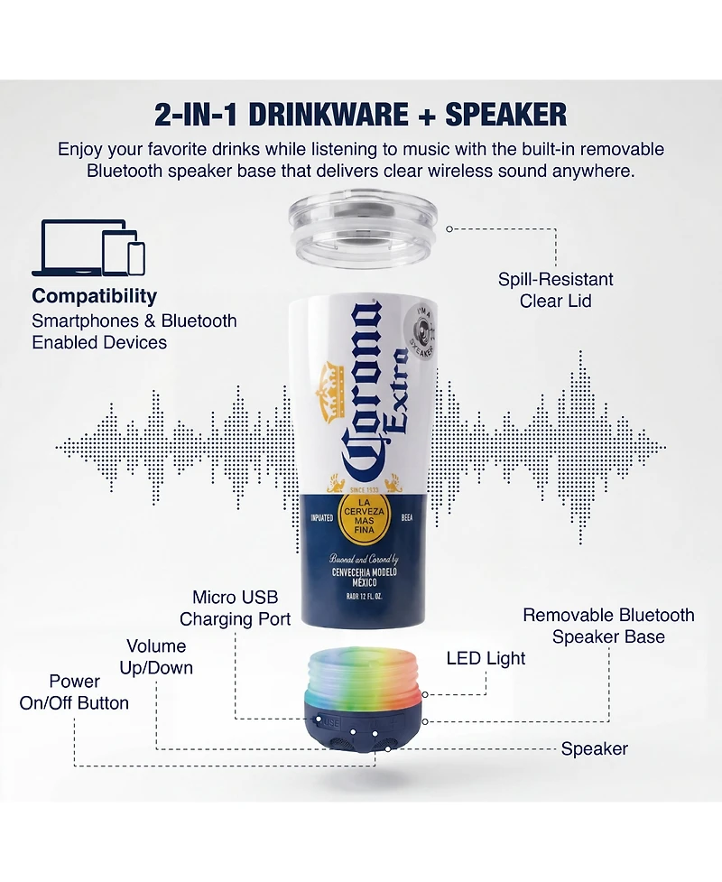 Modelo 16oz Stainless Steel Tumbler with Removeable Led Light Waterproof Bluetooth Speaker