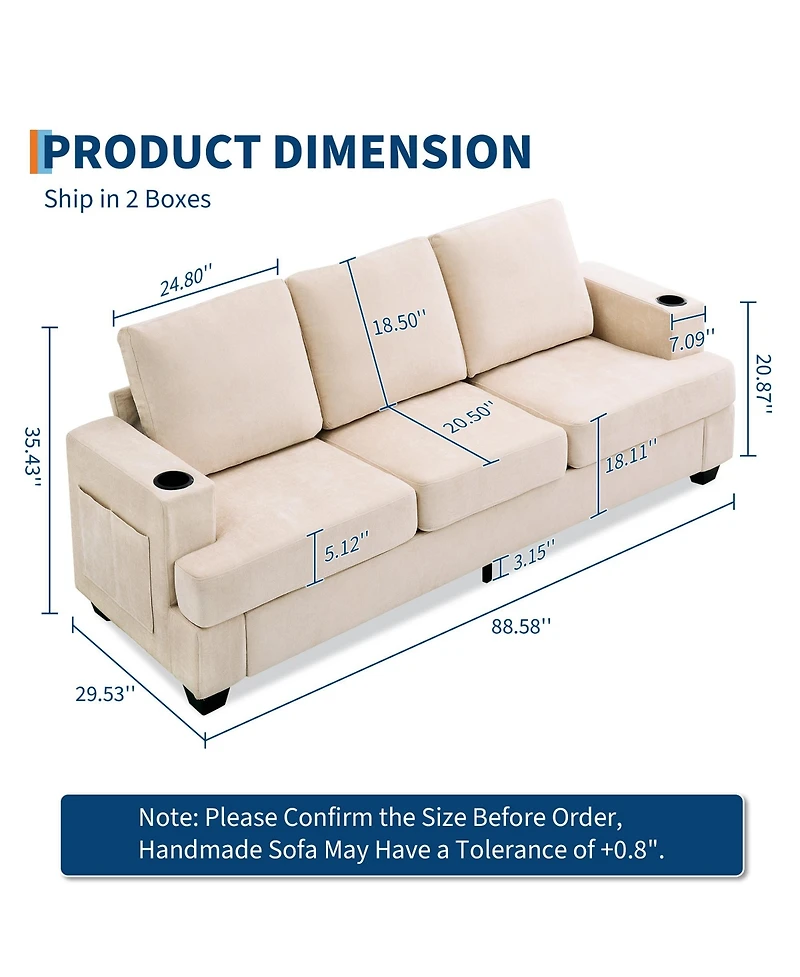 homfan Modern Deep Seat 3-Seater Chenille Sofa - 89" Living Room Couch with Cup Holders, Side Storage Pockets, Comfortable Sectional, Sturdy Build.