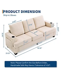 homfan Modern Deep Seat 3-Seater Chenille Sofa - 89" Living Room Couch with Cup Holders, Side Storage Pockets, Comfortable Sectional, Sturdy Build.