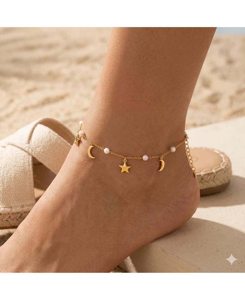 Simona Polished Star and Moon Charm Pearl Anklet