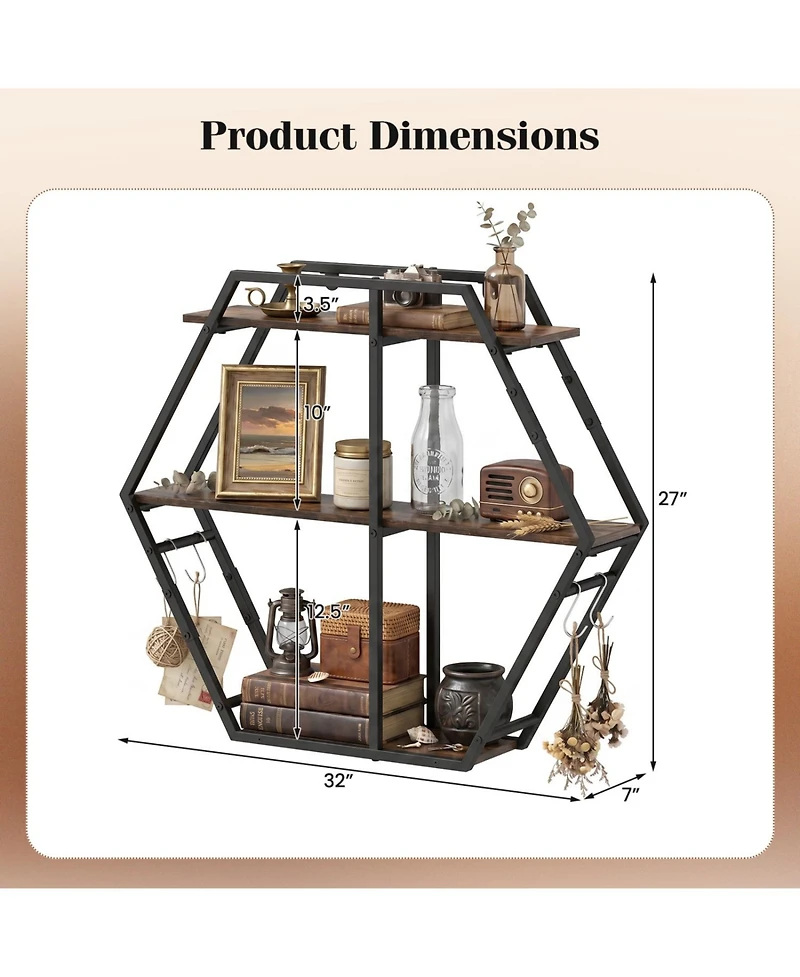 Slickblue Modern 3-Tier Bookshelf with S-Shaped Hooks and Geometric Design