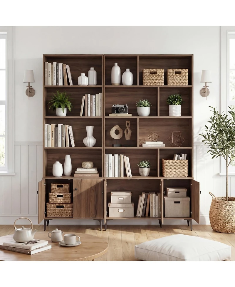 Slickblue Bookshelf with 2 Cabinet Doors and Anti-Tip Safety Straps for Storage