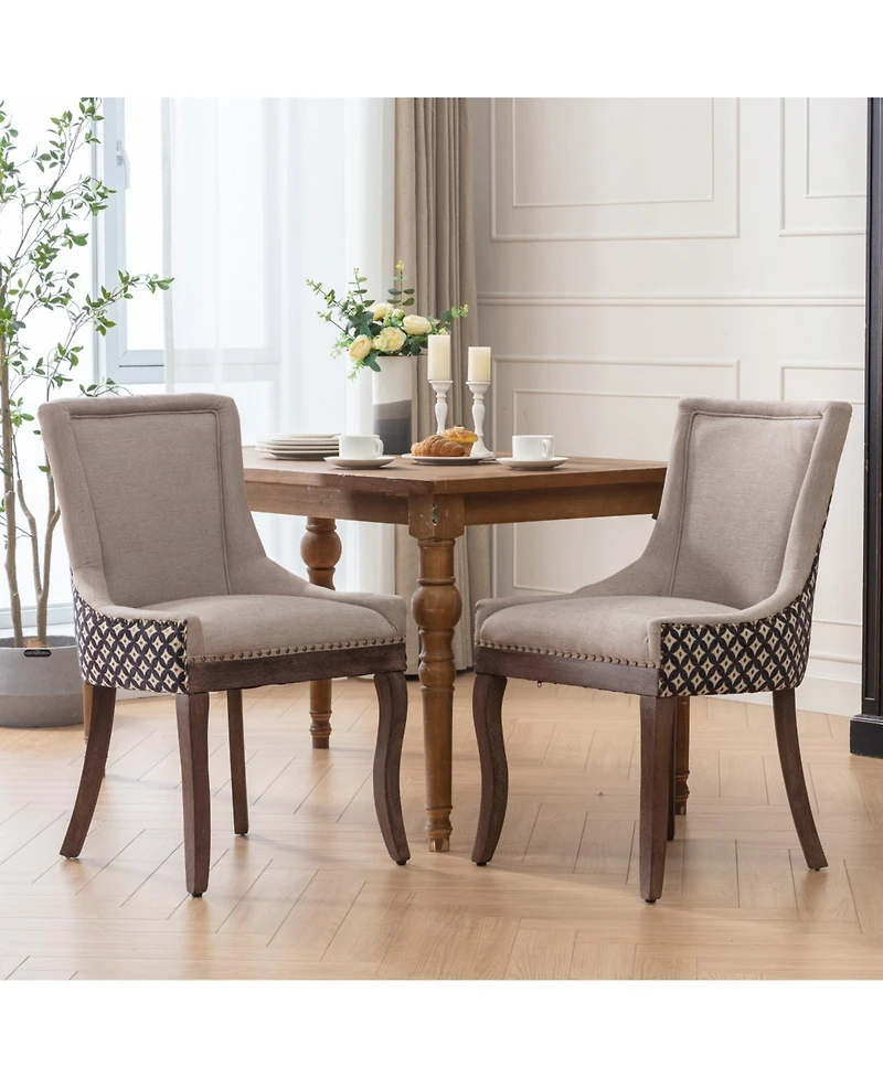 Clihome Furniture, Ultra Side Dining Chair, Thickened fabric chairs with neutrally toned solid wood legs, Bronze nail head, Set of 2