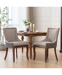 Clihome Furniture, Ultra Side Dining Chair, Thickened fabric chairs with neutrally toned solid wood legs, Bronze nail head, Set of 2