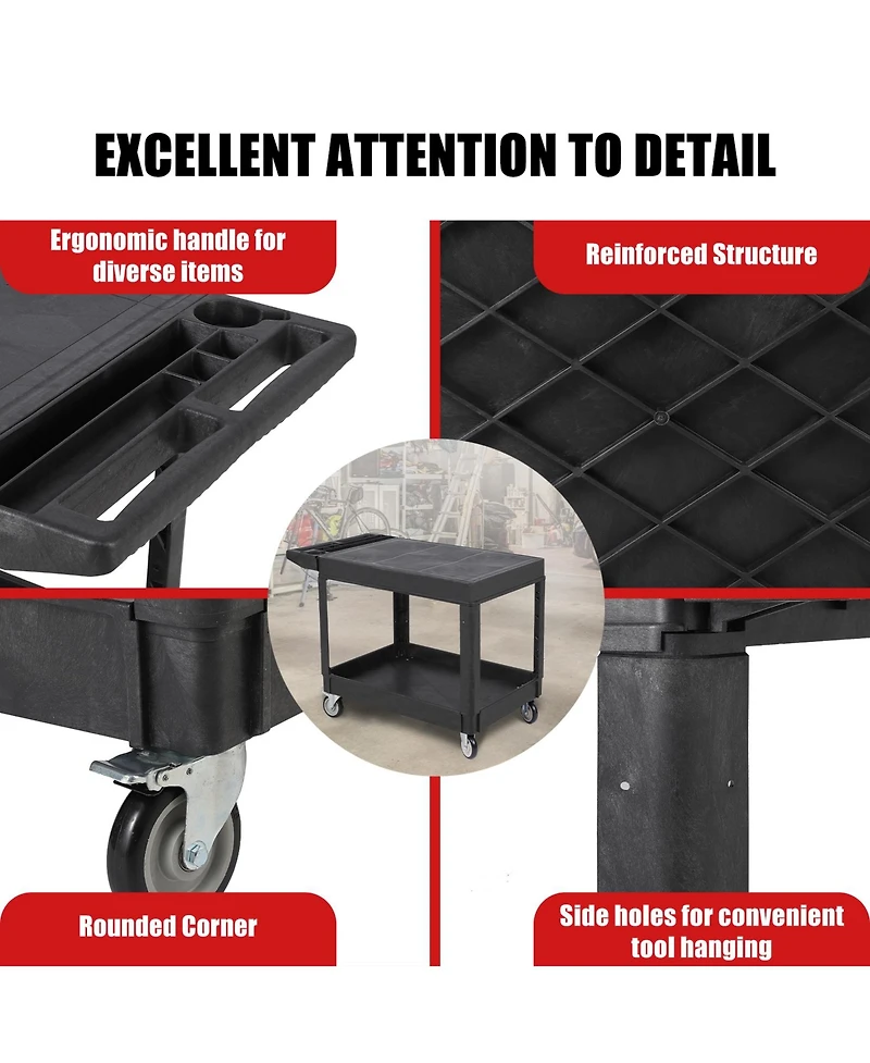homfan 46.1L x 25.8W x 33.9H in Heavy Duty Utility Cart with Double Layer Shelves, Pp Tool Trolley for Garage Warehouse Workshop