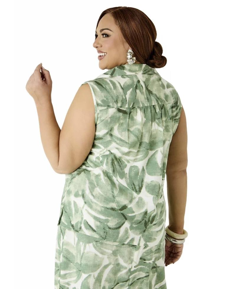 Ashley Stewart Plus Palm Print Linen Blend Women's Shirt