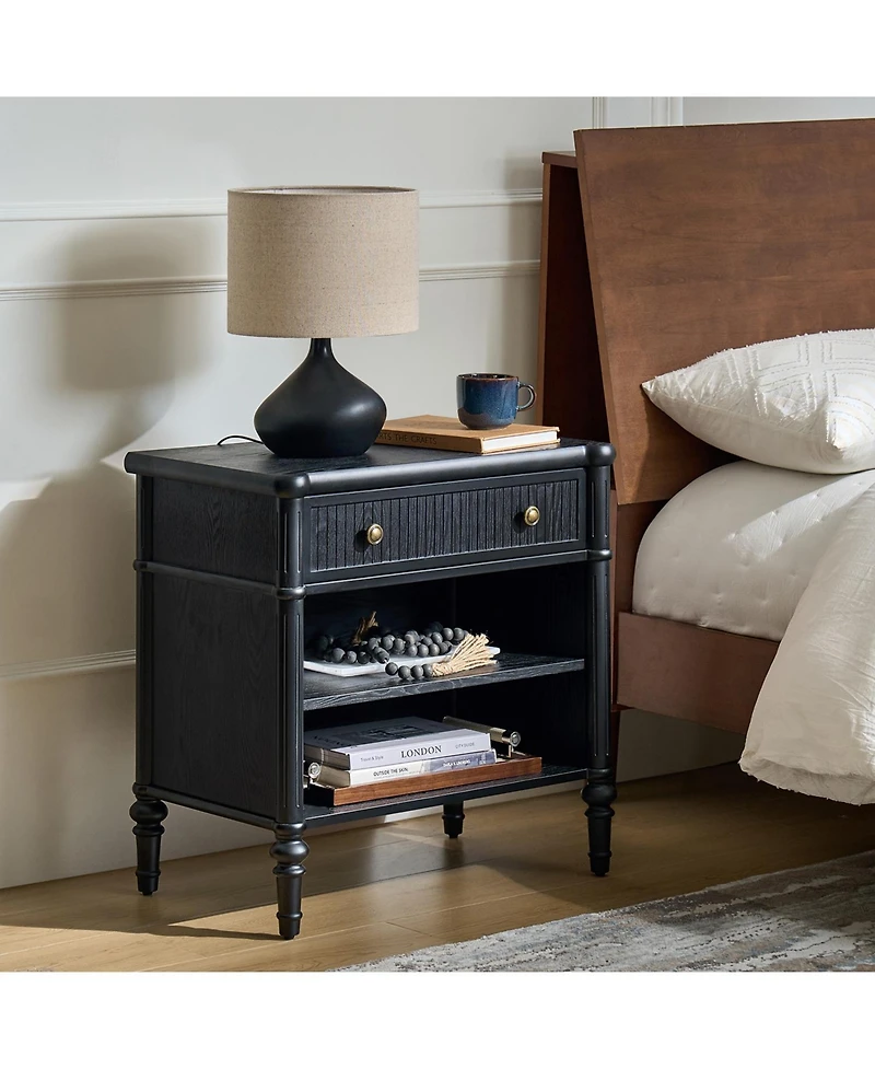 Hulala Home Hoai Transitional 26"W Fluted 1-Drawer Solid End Table with Built-In Charging Station