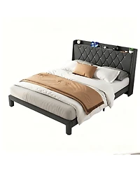 Gaomon Velvet Upholstered Platform Bed Frame with Crystal Tufted Headboard, 2 Storage Drawers, Built-in Charging Station, Noise-Free