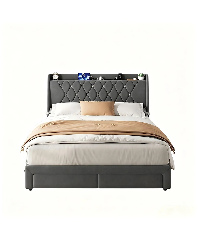 Gaomon Velvet Upholstered Platform Bed Frame with Crystal Tufted Headboard, 2 Storage Drawers, Built-in Charging Station, Noise-Free
