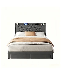 Gaomon Velvet Upholstered Platform Bed Frame with Crystal Tufted Headboard, 2 Storage Drawers, Built-in Charging Station, Noise-Free