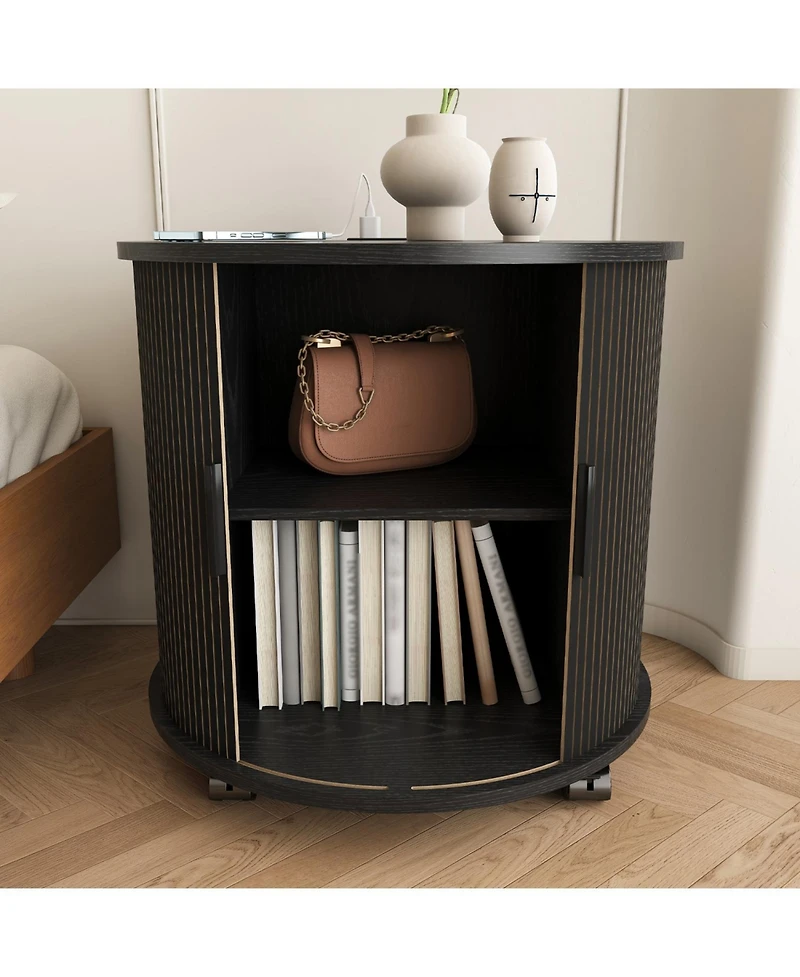 Rainsken Modern Cylinder End Table Set of 2, with Built-in Charging Station and Sliding Door, Fluted Accent Nightstand, for Living Room, Bedroom