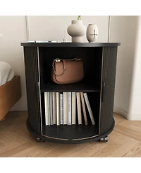 Rainsken Modern Cylinder End Table Set of 2, with Built-in Charging Station and Sliding Door, Fluted Accent Nightstand, for Living Room, Bedroom