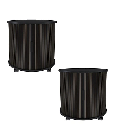 Rainsken Modern Cylinder End Table Set of 2, with Built-in Charging Station and Sliding Door, Fluted Accent Nightstand, for Living Room, Bedroom
