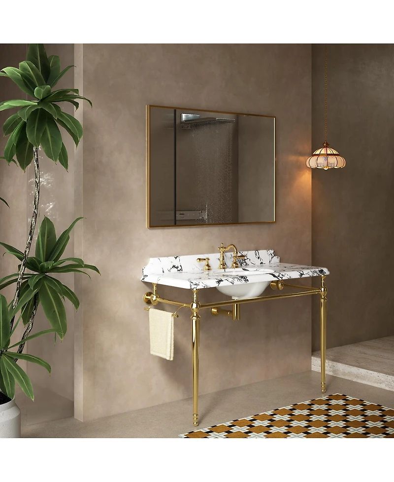 Sillysis 48 Inch Bathroom Console Sink with Engineered Marble Top, Ceramic Basin, Stainless Steel Frame, Retro Style, Towel Bar