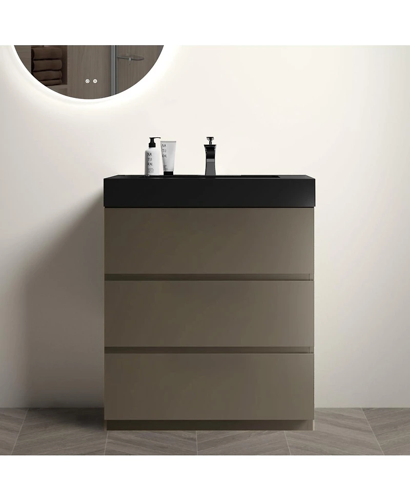 Sillysis Contemporary Bathroom Vanity with Black Sink, Large Soft Close Drawers, Handle-Free Freestanding Storage