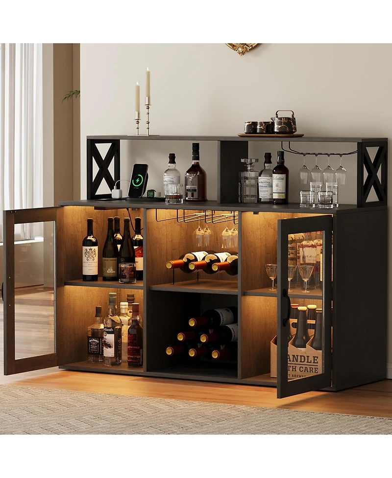 homfan Wine Bar Cabinet with Led Lights and Power Outlets Buffet Sideboard with Wine Rack and Glass Rack for Living Room