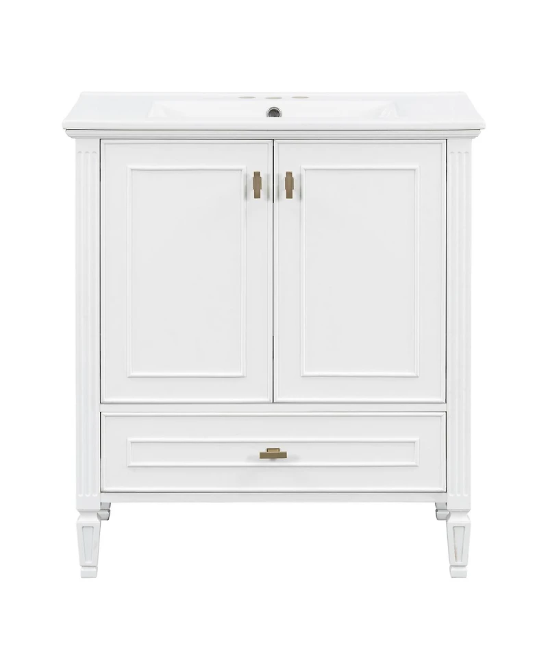 Sillysis 30 Inch Retro Bathroom Vanity with Ceramic Sink, Solid Wood Frame, Soft Close Doors and Bottom Drawer Storage