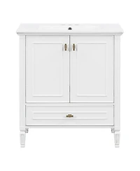 Sillysis 30 Inch Retro Bathroom Vanity with Ceramic Sink, Solid Wood Frame, Soft Close Doors and Bottom Drawer Storage